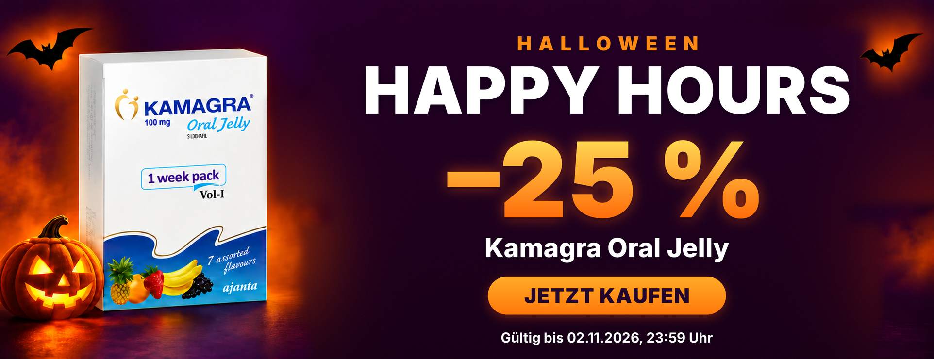 Werbebanner Happy Hours mit Kamagra oral jelly und 25 % Rabatt