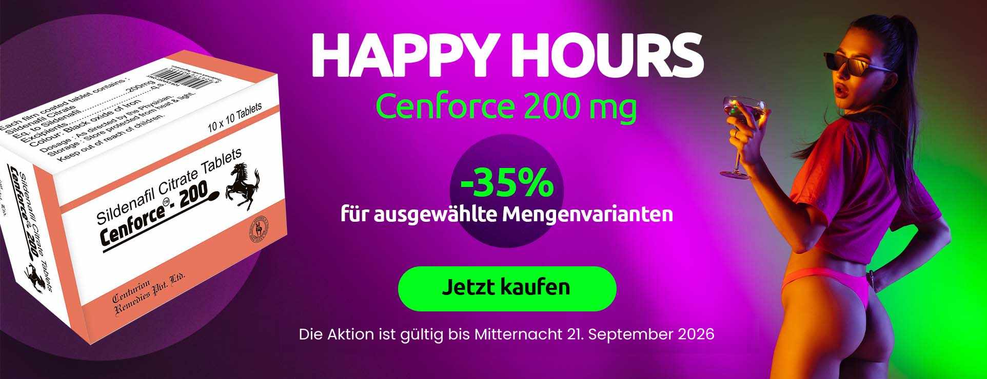 Werbebanner Happy Hours mit Cenforce 200 mg und 35 % Rabatt