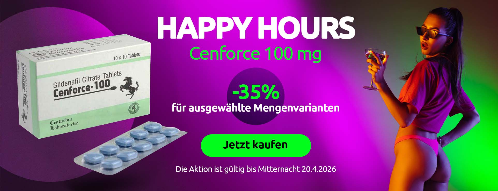 Werbebanner Happy Hours mit Cenforce 100 mg und 35 % Rabatt