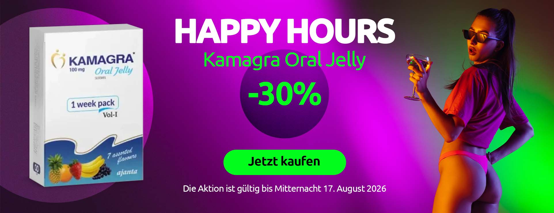 Werbebanner Happy Hours mit Kamagra Oral Jelly mg und 30 % Rabatt