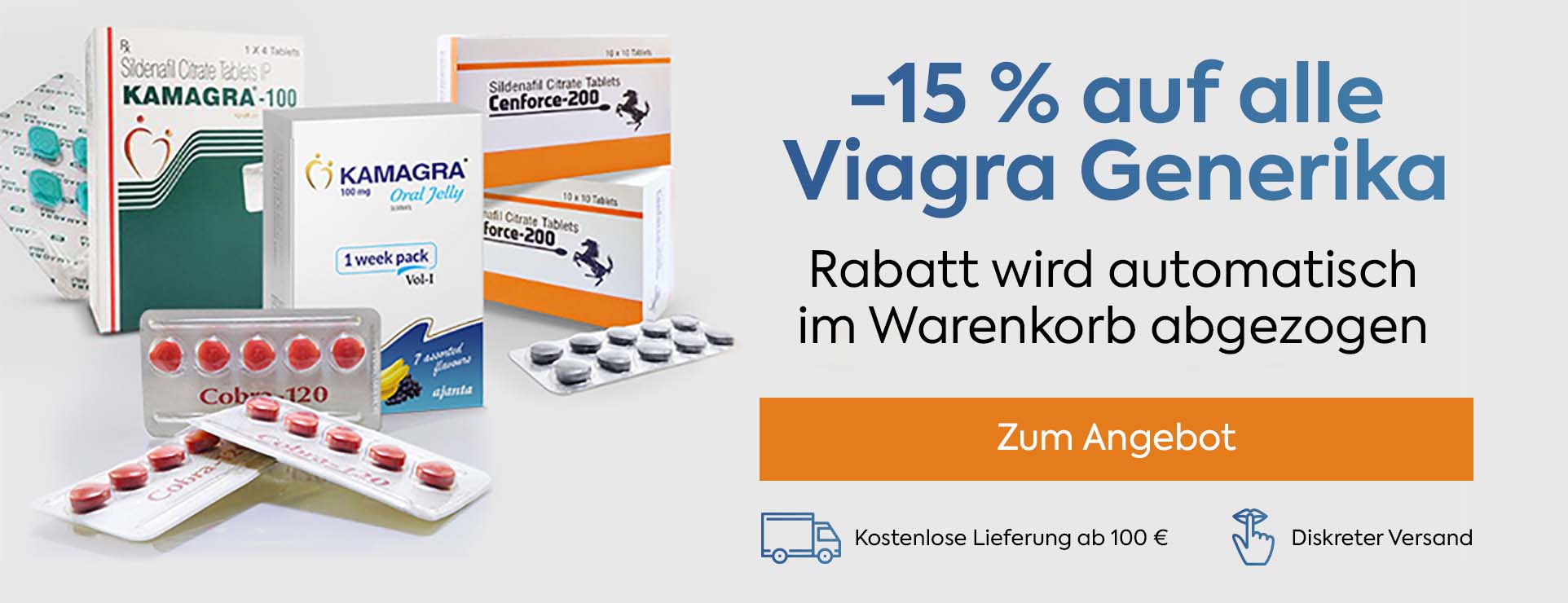 Werbebanner mit 15 % Rabatt auf Viagra-Generika